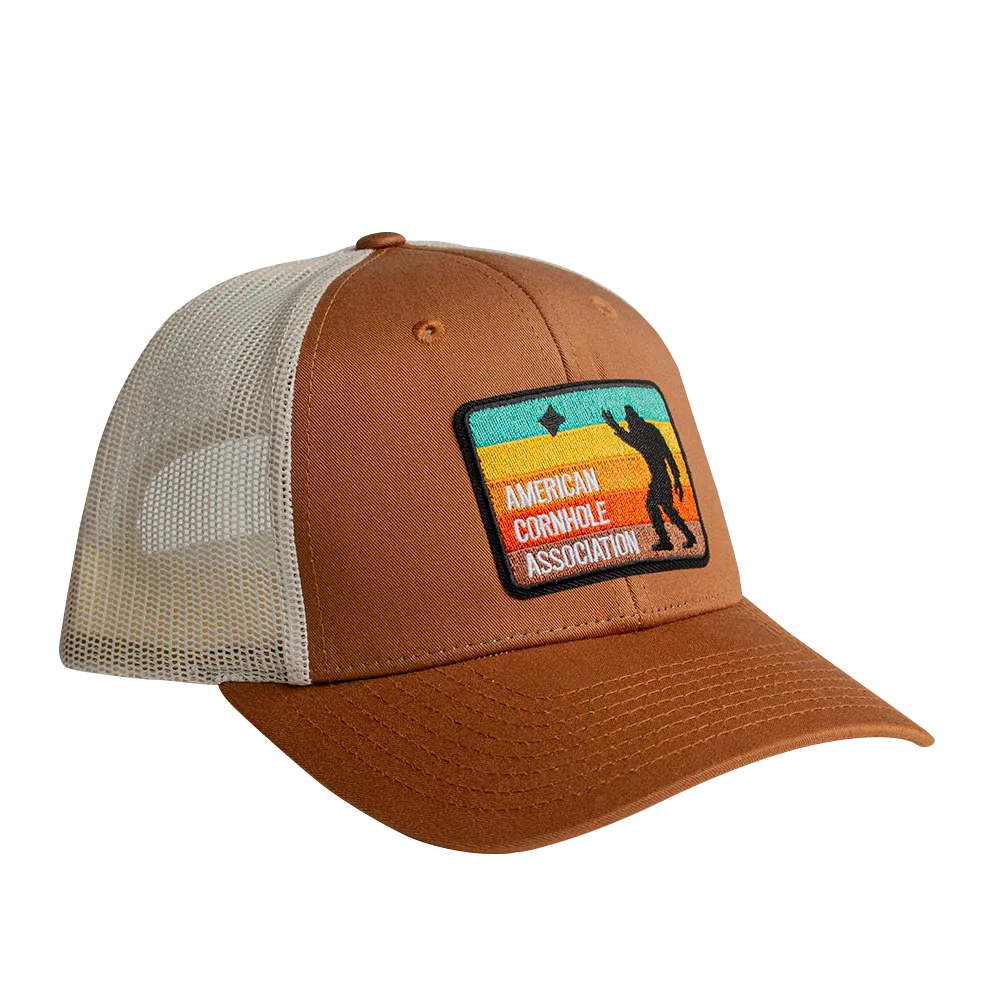 ACA Tan and Cream Richardson Snapback Trucker Hat with Retro Sasquatch Patch