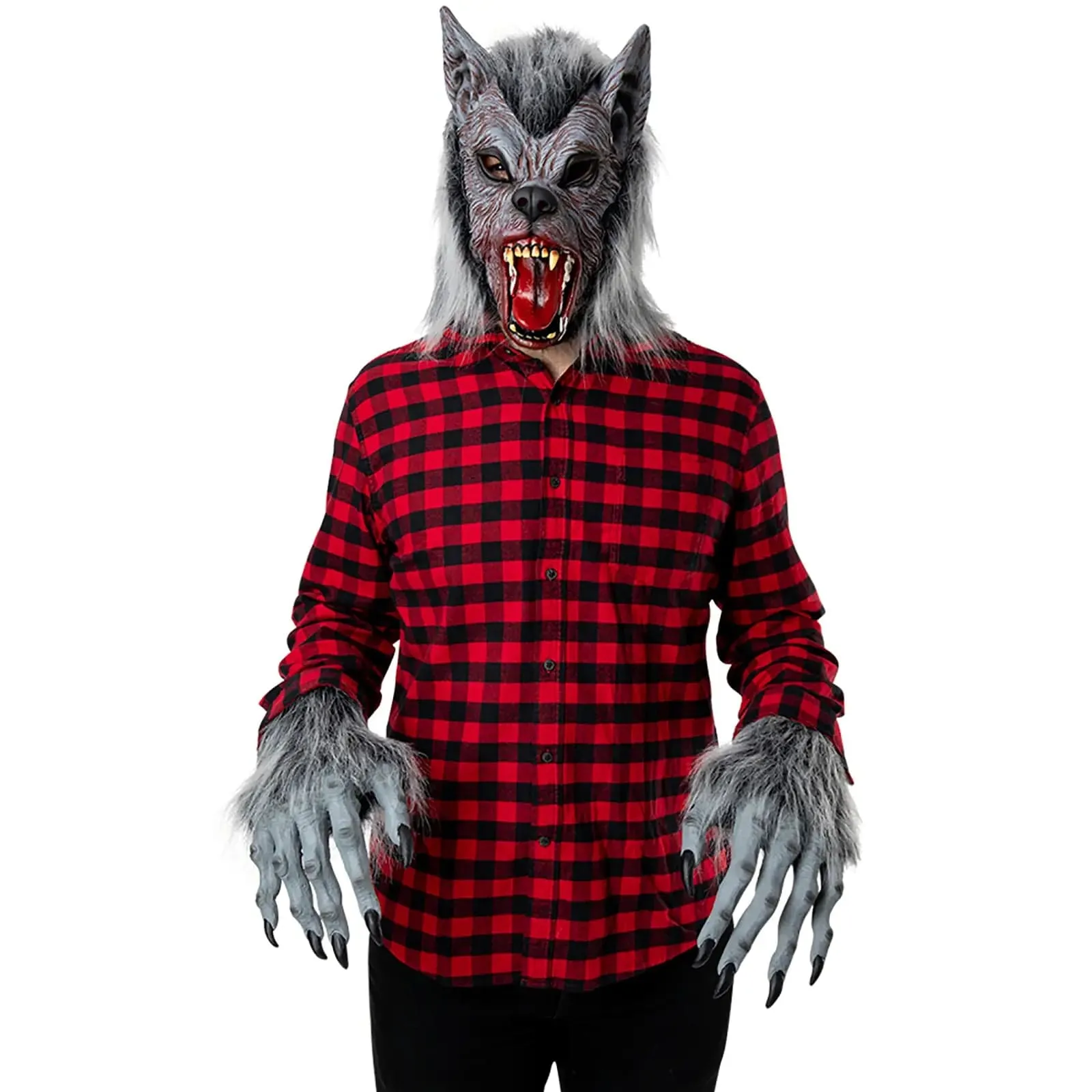 Adults Deluxe Werewolf Set Head Mask Glove Hands Grey Faux Fur