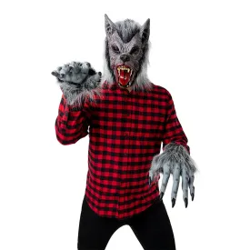 Adults Deluxe Werewolf Set Head Mask Glove Hands Grey Faux Fur