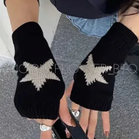 Black Star Knit Fingerless Winter Gloves