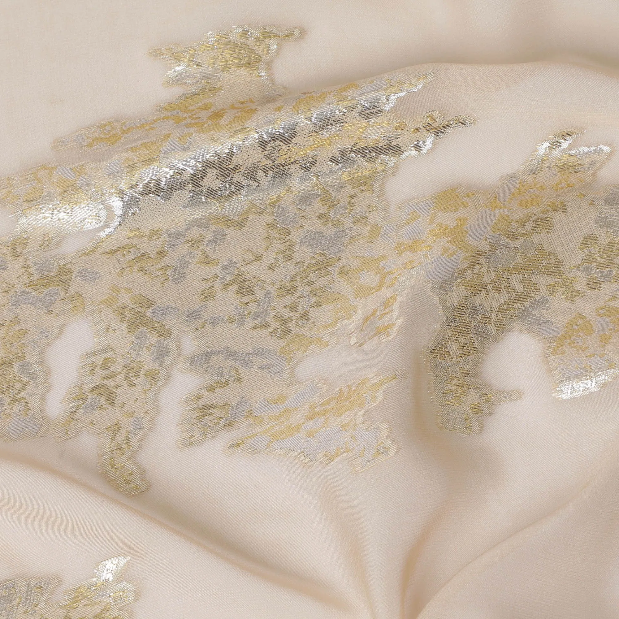 Elegant Gold-Leaf Design Pure Silk Chiffon Fabric - Metallic Accents, 140cm Width, Made in South Korea-D17779