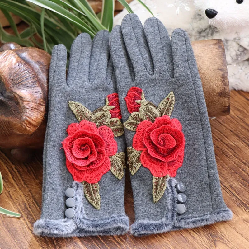 Ethnic Embroidery and Velvet Warm Embroidery Gloves Refer To Touch-screen Gloves and Velvet Cycling Five-finger Gloves