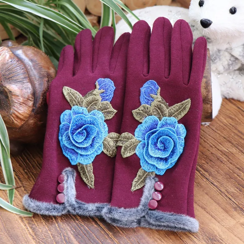 Ethnic Embroidery and Velvet Warm Embroidery Gloves Refer To Touch-screen Gloves and Velvet Cycling Five-finger Gloves