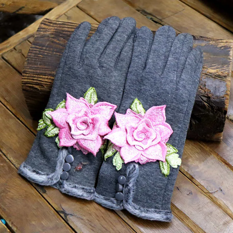 Ethnic Embroidery and Velvet Warm Embroidery Gloves Refer To Touch-screen Gloves and Velvet Cycling Five-finger Gloves