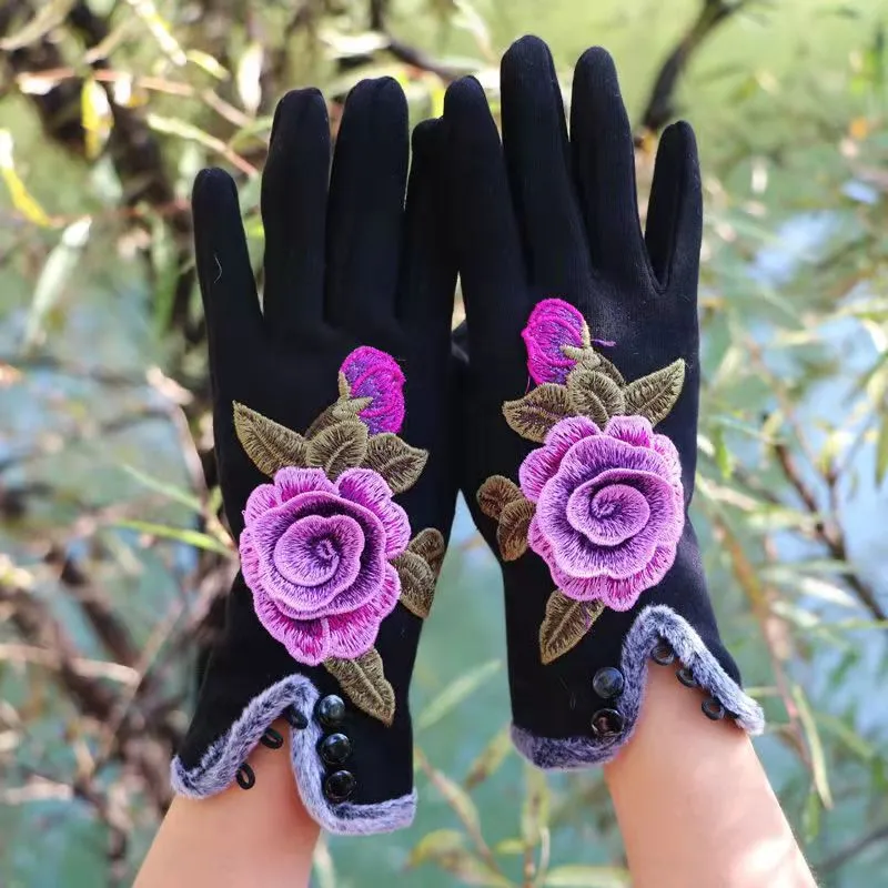 Ethnic Embroidery and Velvet Warm Embroidery Gloves Refer To Touch-screen Gloves and Velvet Cycling Five-finger Gloves