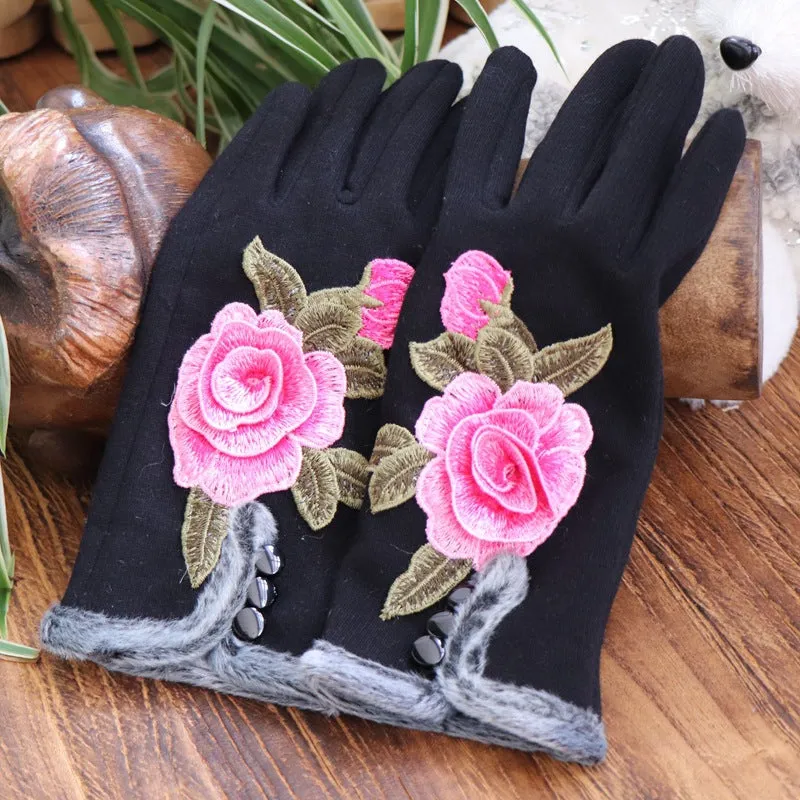 Ethnic Embroidery and Velvet Warm Embroidery Gloves Refer To Touch-screen Gloves and Velvet Cycling Five-finger Gloves