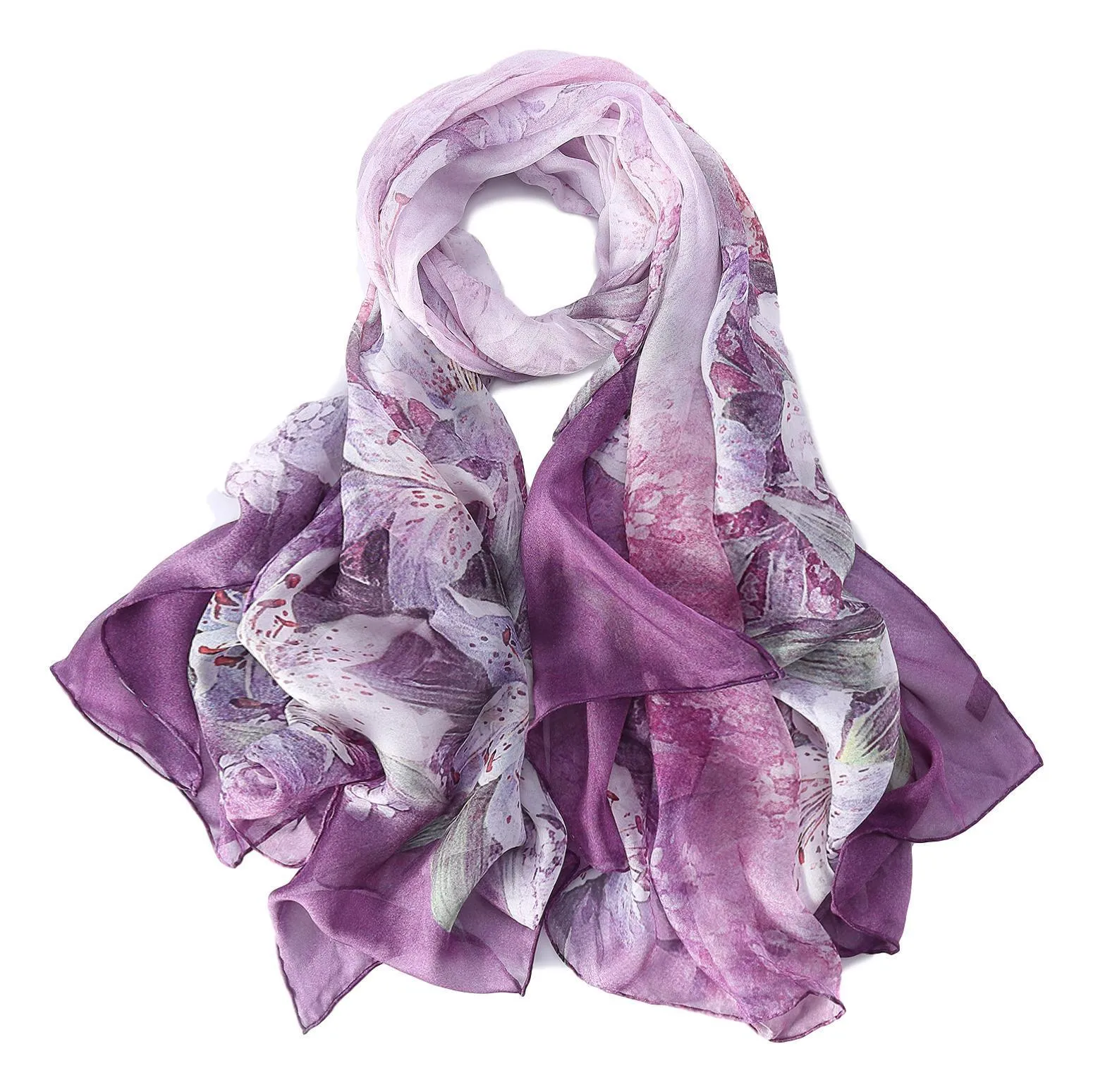 Extra Wide High Quality Silk Chiffon Scarf Purple Theme Lily Print SCH501