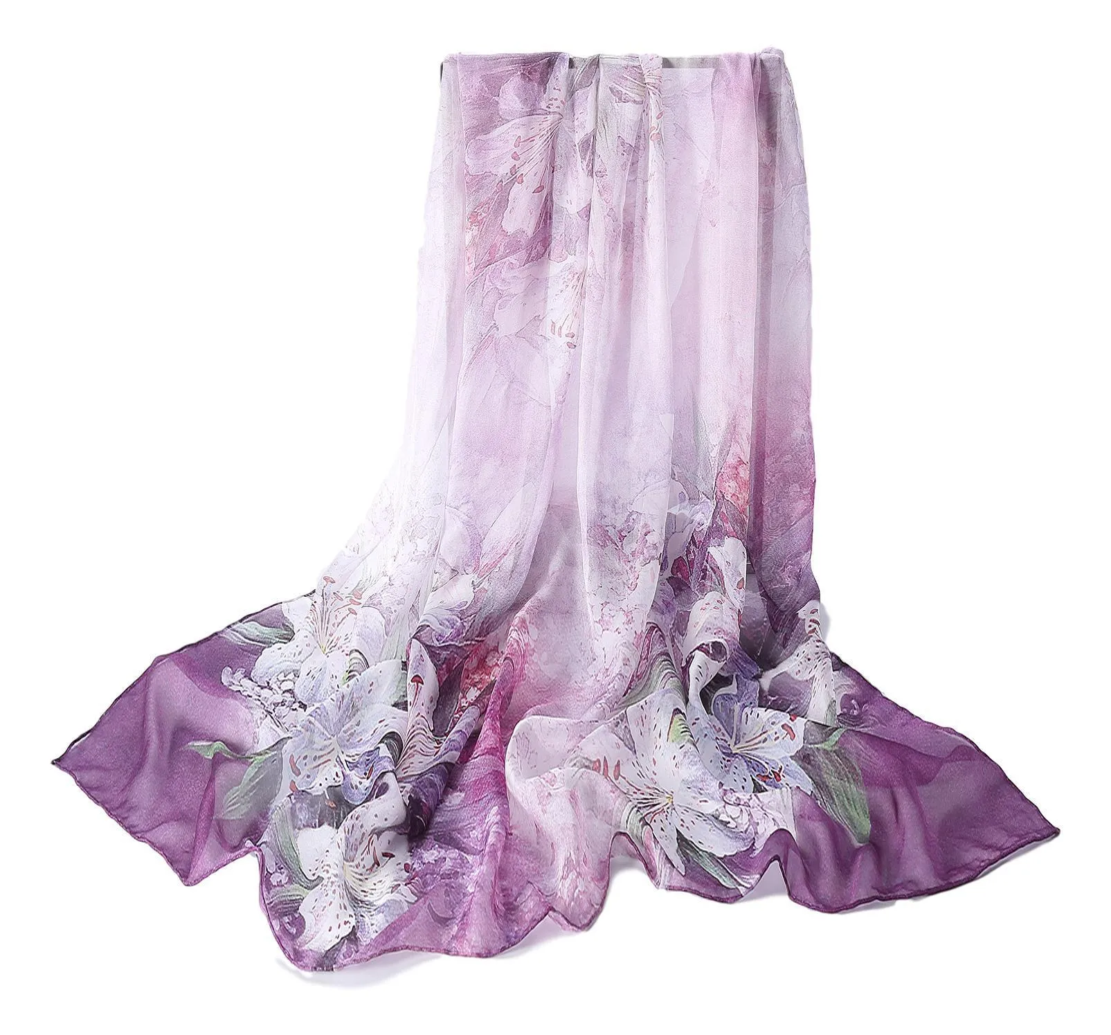 Extra Wide High Quality Silk Chiffon Scarf Purple Theme Lily Print SCH501