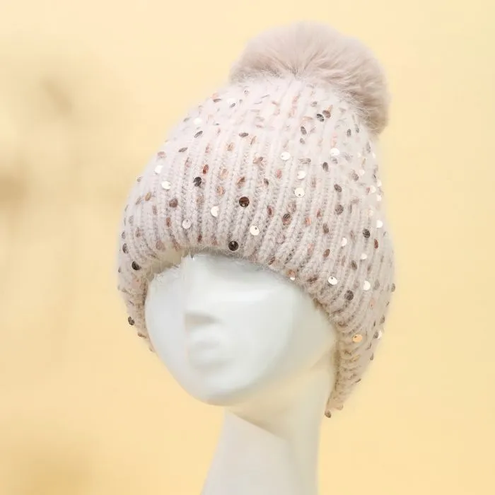 Faux Fur Pop Pom Hat With Sequins - Beige