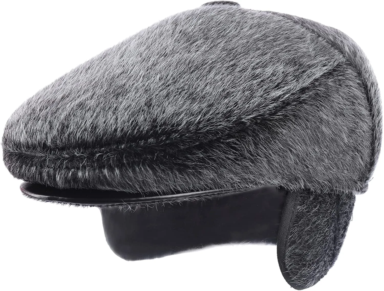 FUR STORY Faux Fur Men Hat Fuzzy Newsboy Cap Gatsby with Earflaps Flat Hat Winter Scally Ivy Cabbie Hats for Men 21620