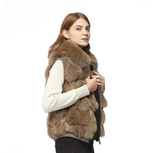 Fur Story Women's Genuine Fox Fur Vest with Collar Fuzzy Warm Sleeveless Overcoat Waistcoat in Winter(Kahki-3XL)