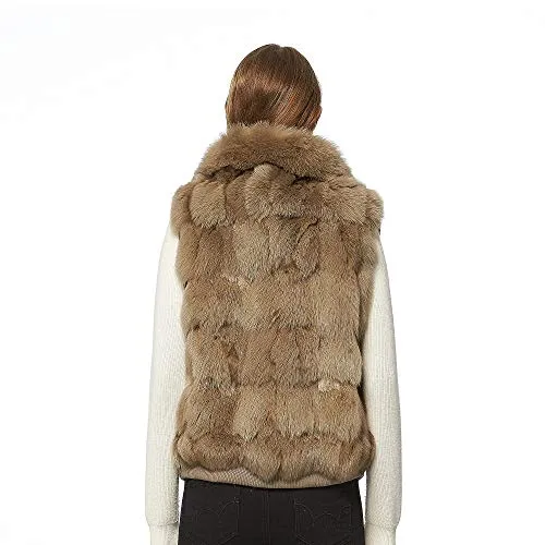 Fur Story Women's Genuine Fox Fur Vest with Collar Fuzzy Warm Sleeveless Overcoat Waistcoat in Winter(Kahki-3XL)