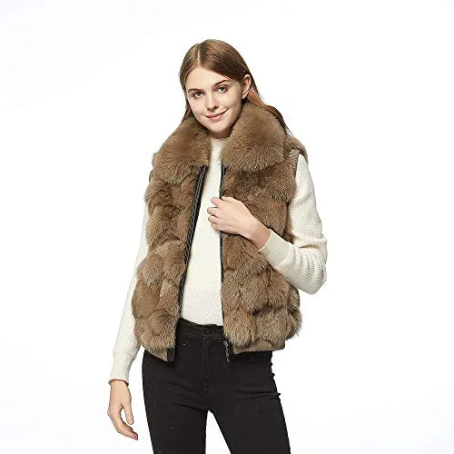 Fur Story Women's Genuine Fox Fur Vest with Collar Fuzzy Warm Sleeveless Overcoat Waistcoat in Winter(Kahki-3XL)