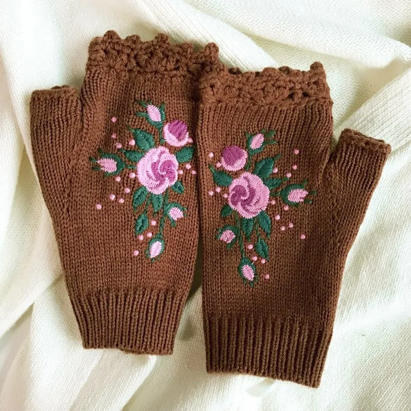 Hand Knit Floral Embroidered Fingerless Wrist Warmer Gloves