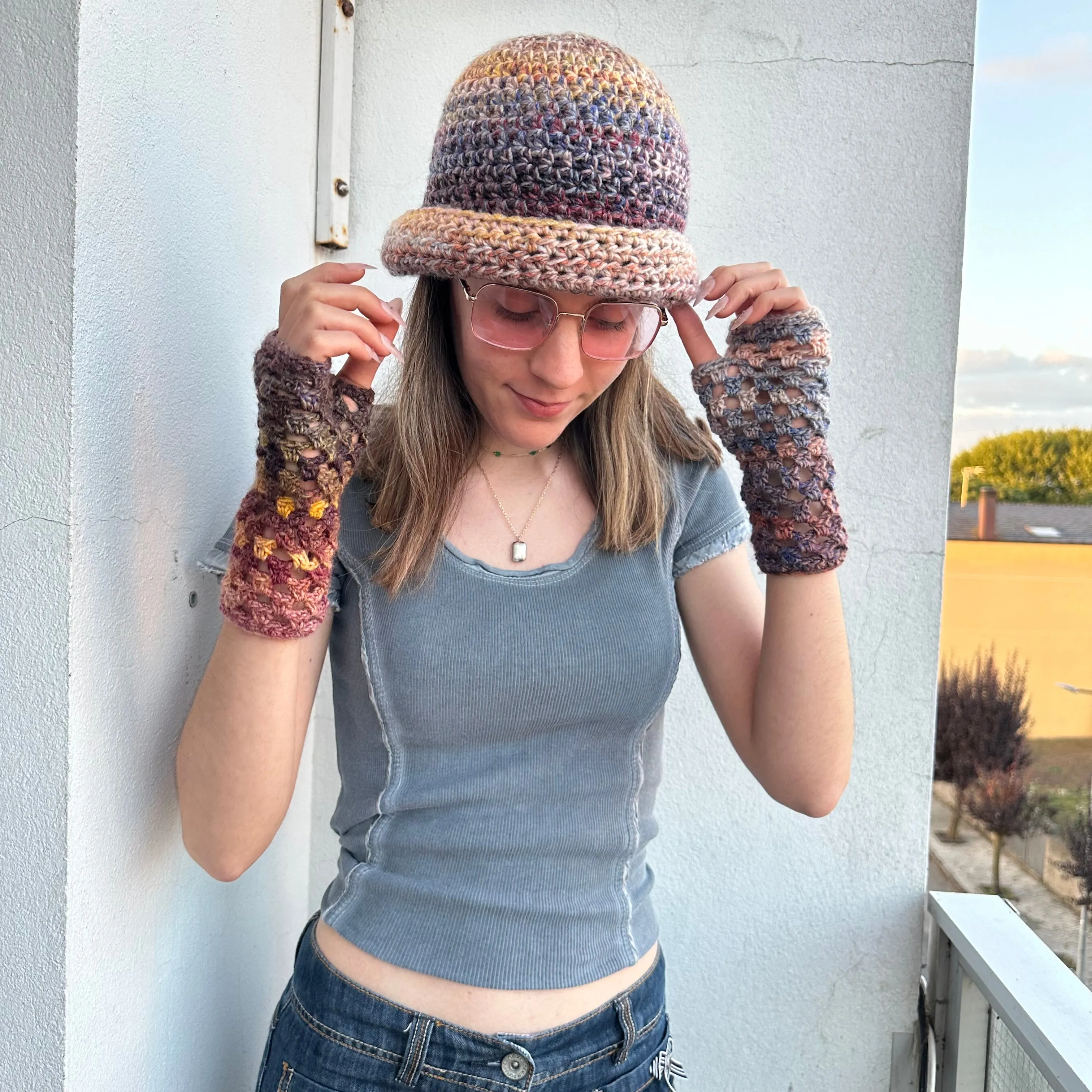 Handmade Aurora fishnet crochet ombré hand warmers