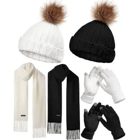 JaGely 8 Pcs Women Winter Warm Beanie Hat Glove Knit Set Faux Fur Pompom Skull Caps