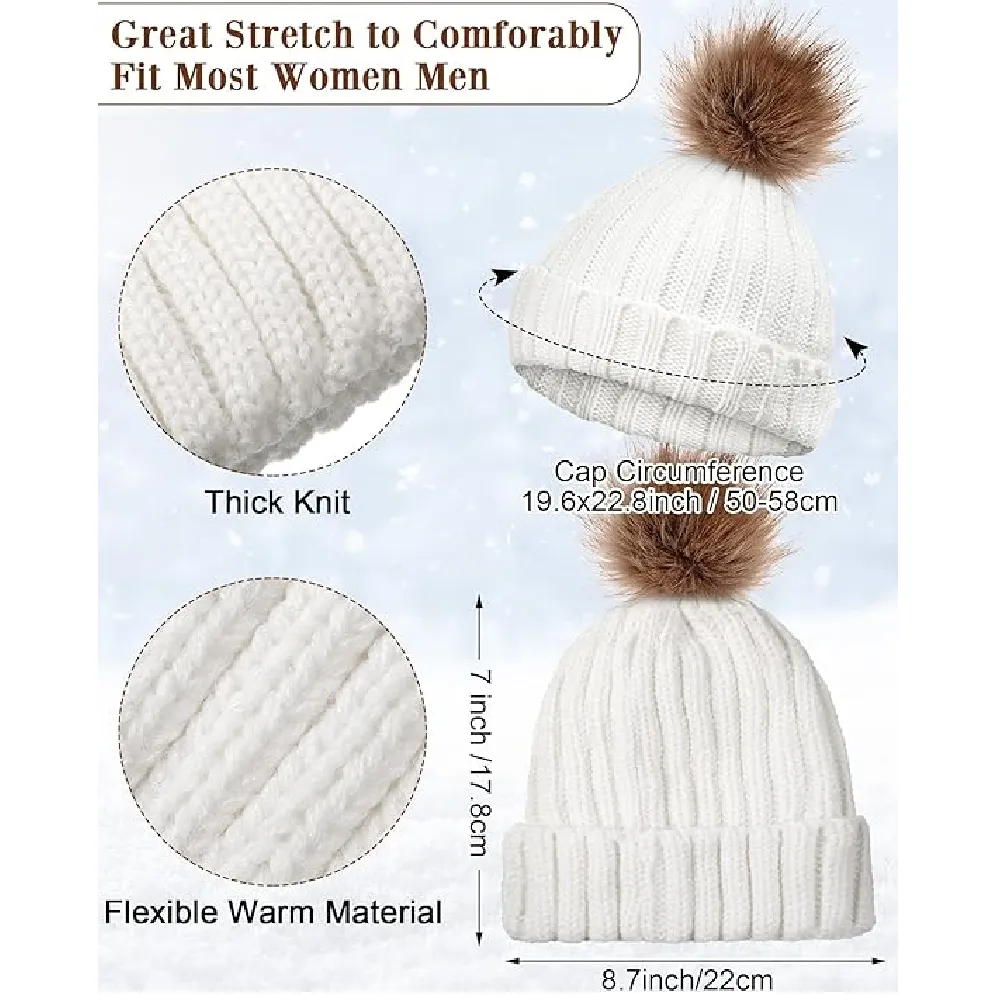 JaGely 8 Pcs Women Winter Warm Beanie Hat Glove Knit Set Faux Fur Pompom Skull Caps