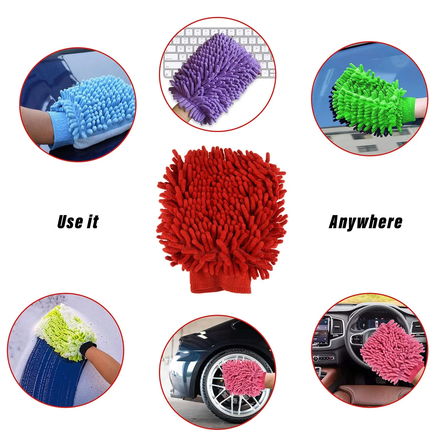 Kuber Industries Chenille Mitts|Microfiber Cleaning Gloves|Inside Waterproof Cloth Gloves|100 Gram Weighted Hand Duster|Chenille Gloves for Car|Glass|Pack of 3 (Red)