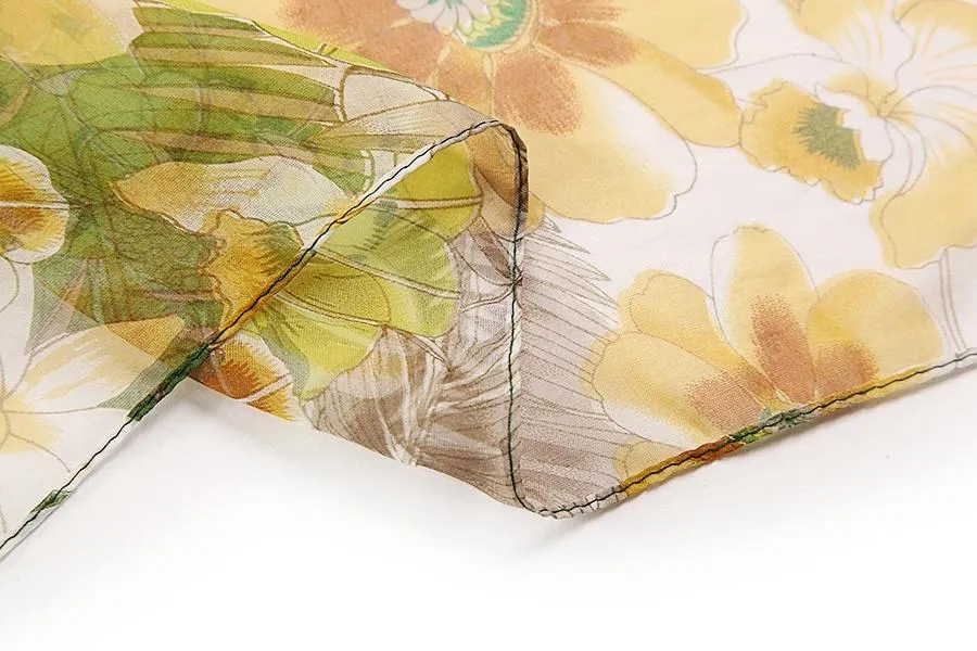 Long Silk Chiffon Scarf Green Theme Floral Print SCH040