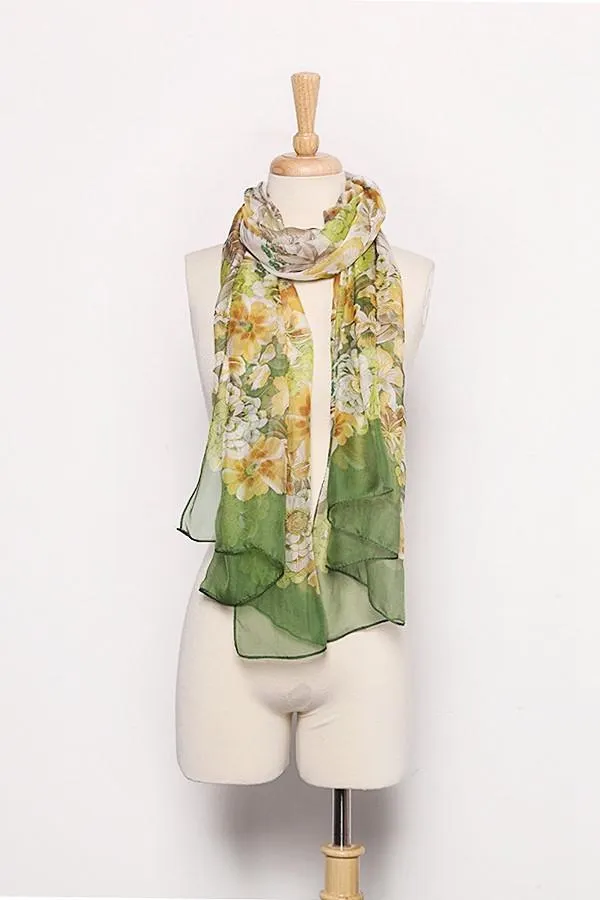 Long Silk Chiffon Scarf Green Theme Floral Print SCH040