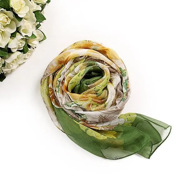 Long Silk Chiffon Scarf Green Theme Floral Print SCH040