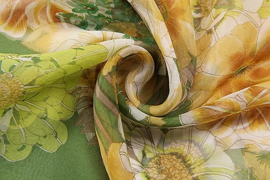 Long Silk Chiffon Scarf Green Theme Floral Print SCH040