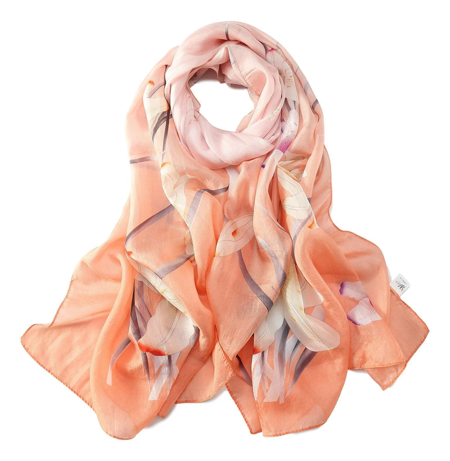 Long Silk Chiffon Scarf Orange Theme Floral Print SCH313