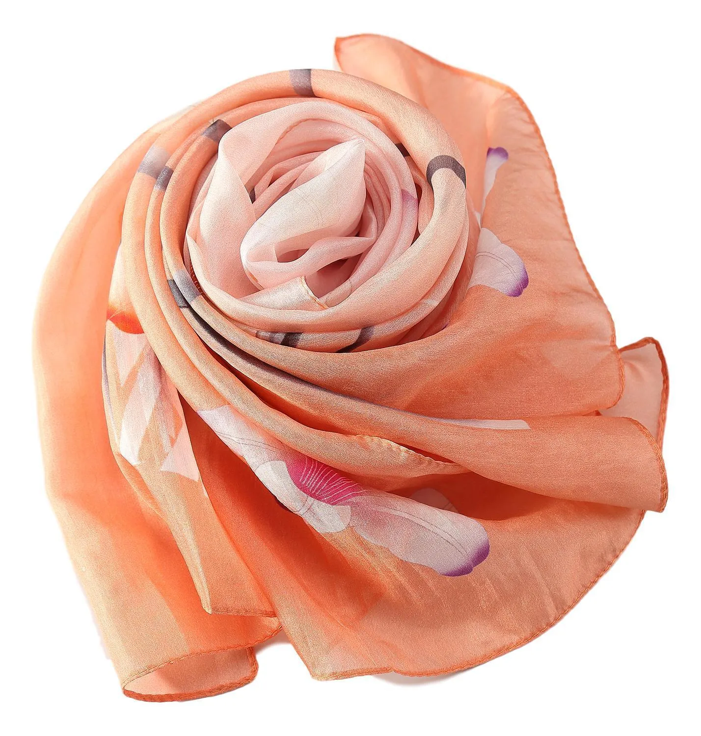 Long Silk Chiffon Scarf Orange Theme Floral Print SCH313