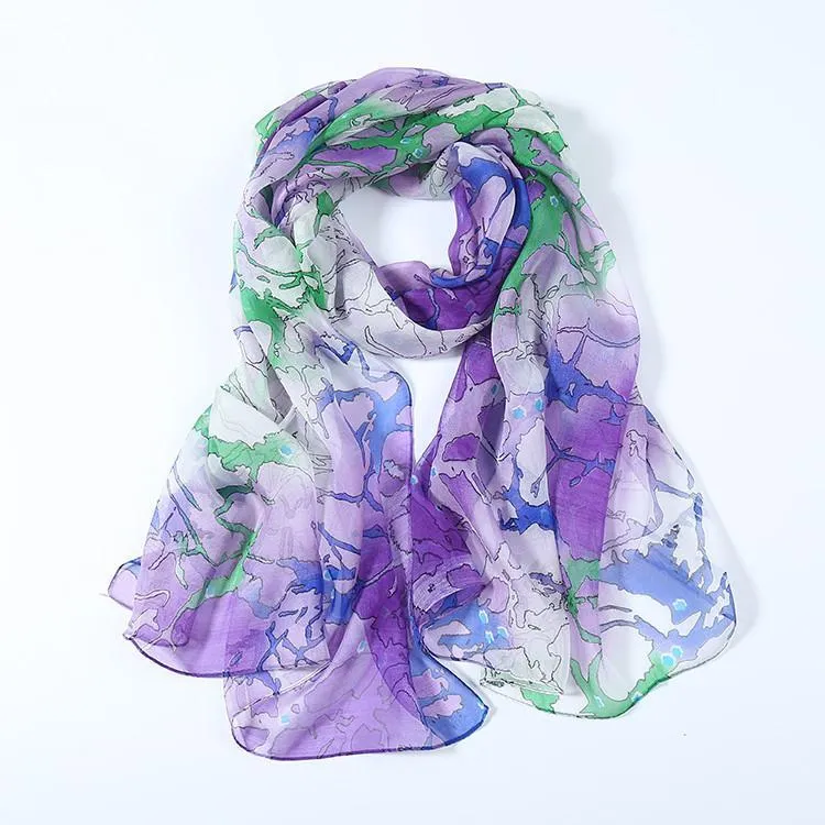 Long Silk Chiffon Scarf Purple Theme Abstract Print SCH069