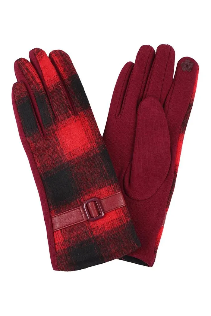 Plaid-Smart-Touch-Gloves-W/-Leather-Strap