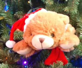 Plush Brown Bear Laying Down with Red Santa Hat & Red Scarf 11"x5"