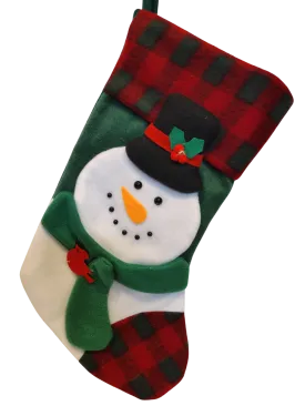 Plush Snowman Stocking with Black Hat/Green Scarf/Red Bird  15"