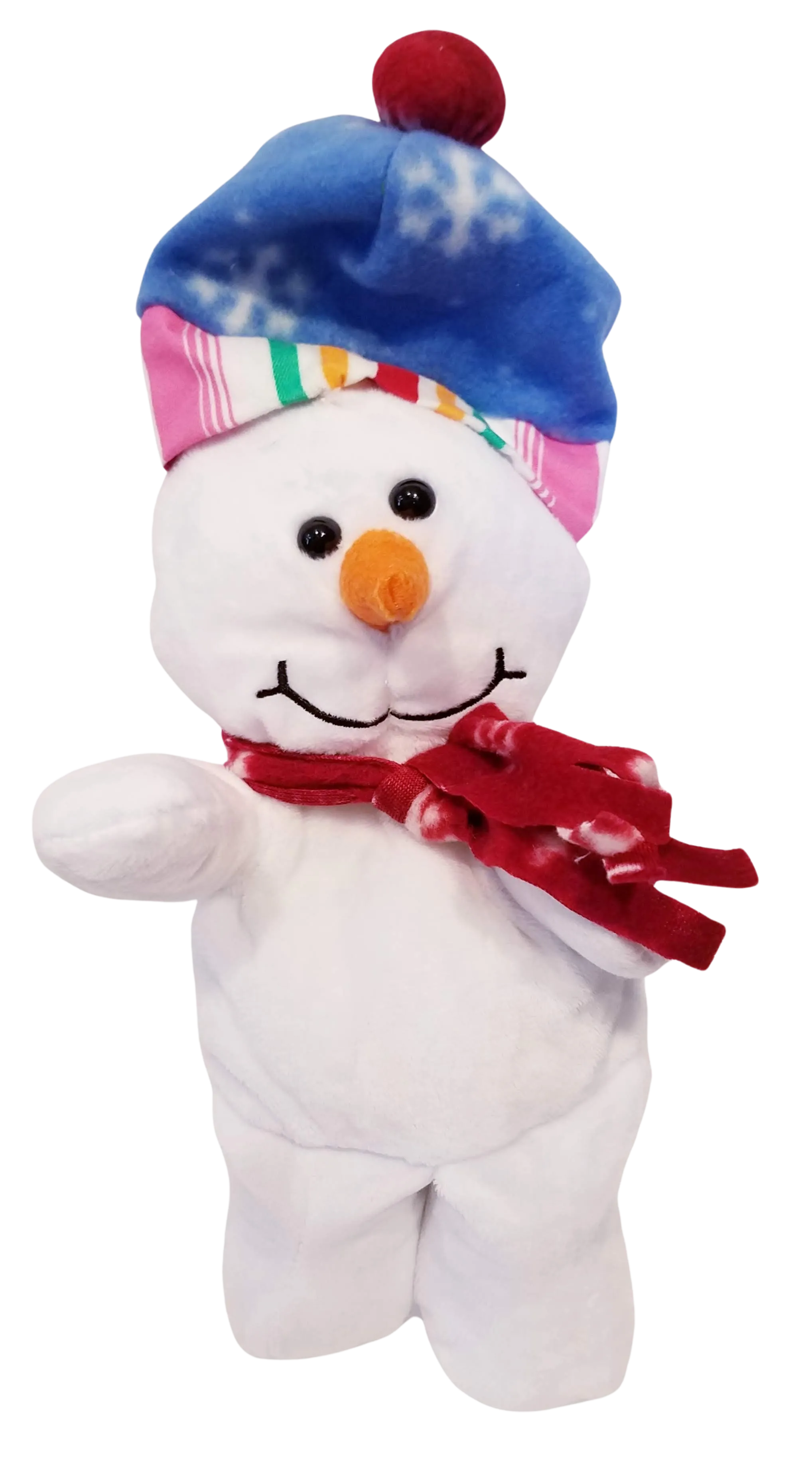 Plush snowman with blue hat/red scarf with snowflakes 12"