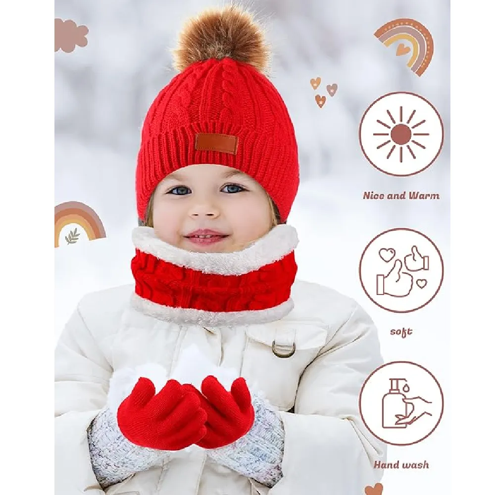 Silicherry 12 Pcs Kids Winter Beanie Gloves Hat Scarf Set Girls Boys Knitted Fleece Lined