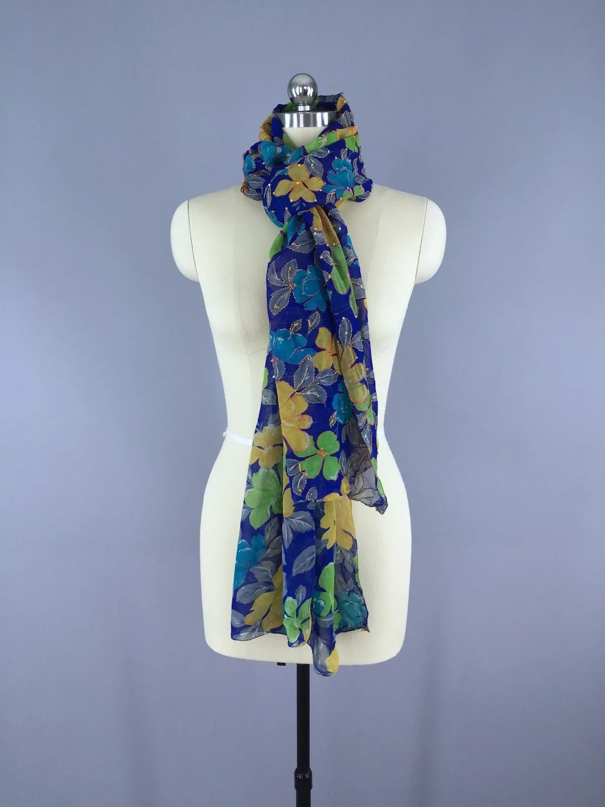 Silk Sari Scarf Shawl Wrap / Blue Floral