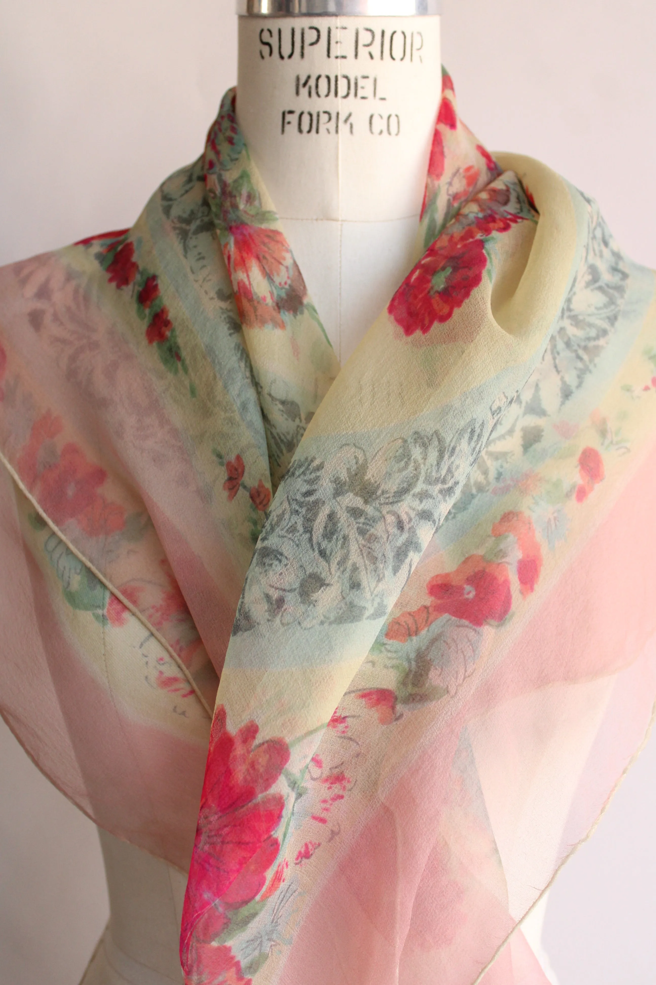 Vintage 1940s 1950s Floral Print Silk Chiffon Scarf