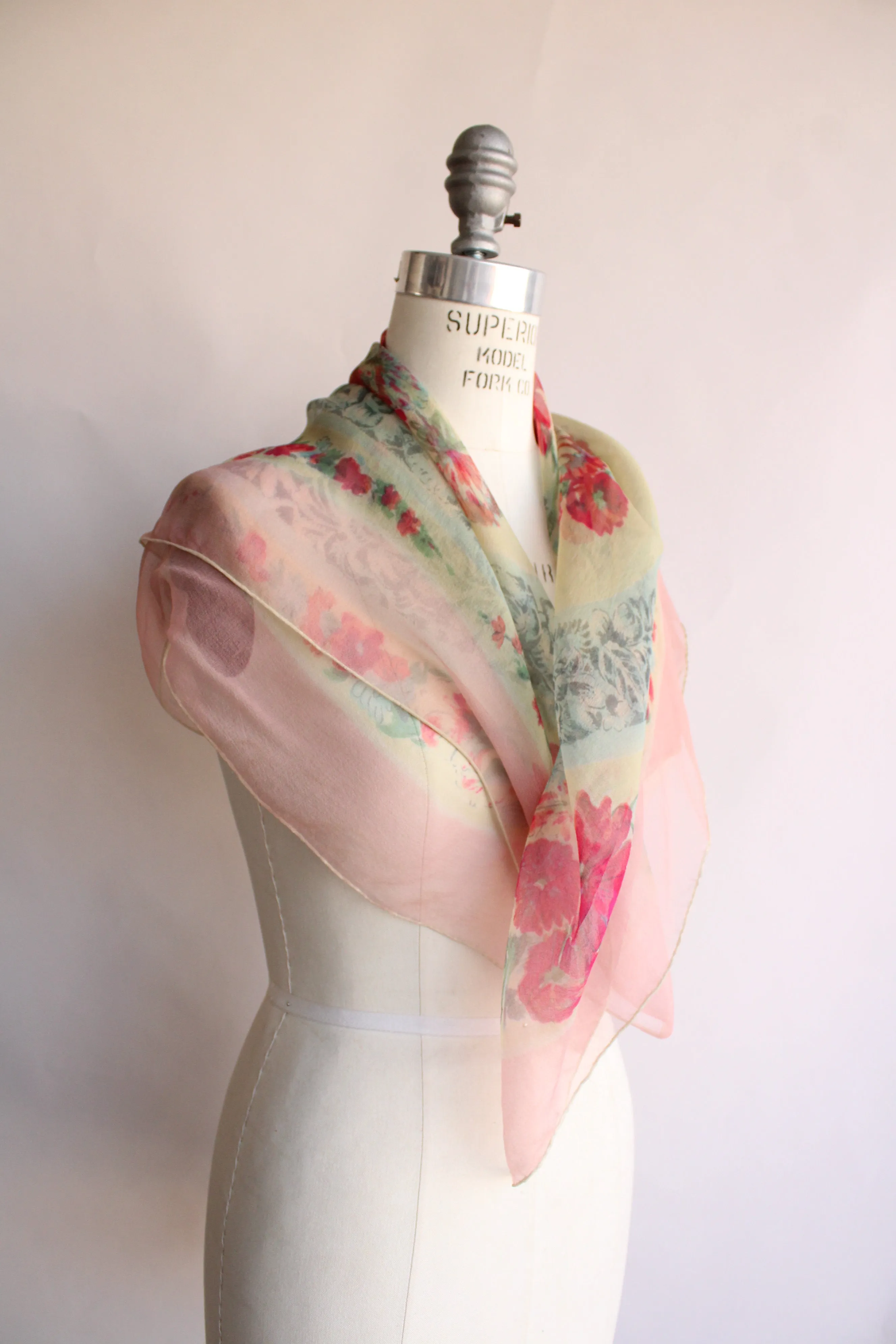 Vintage 1940s 1950s Floral Print Silk Chiffon Scarf