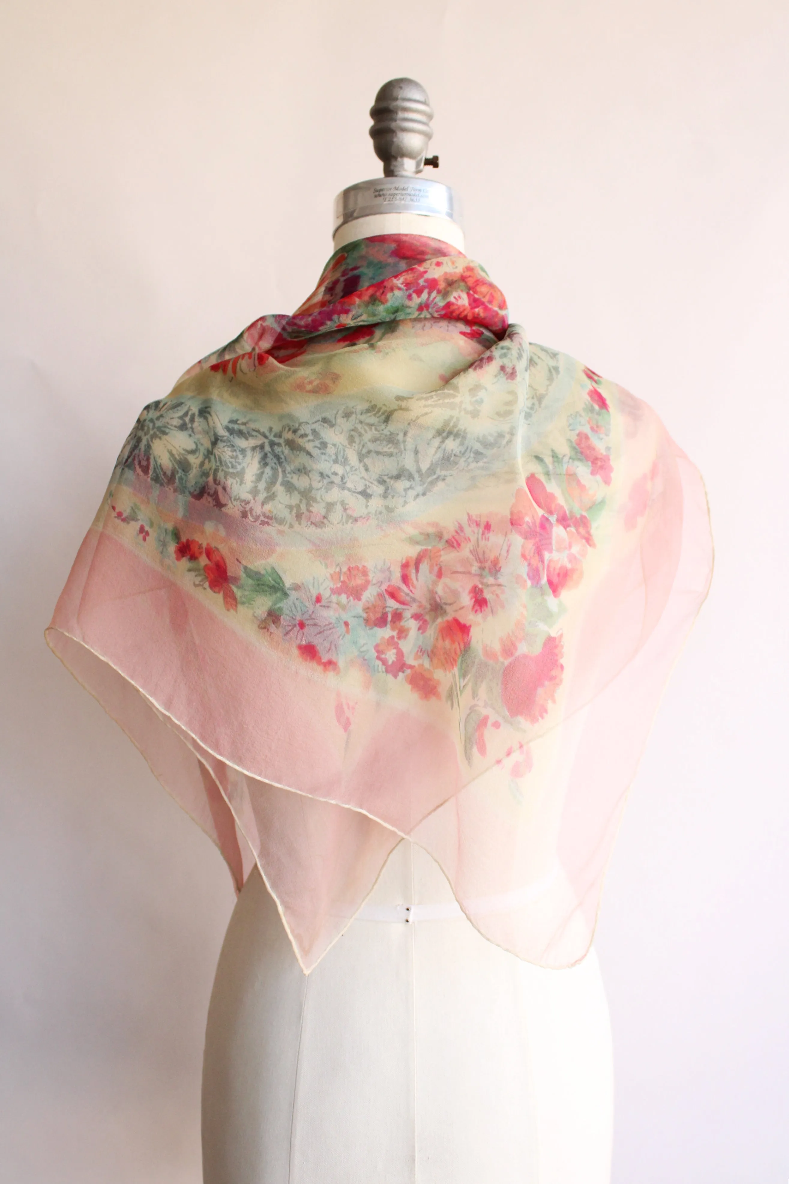 Vintage 1940s 1950s Floral Print Silk Chiffon Scarf