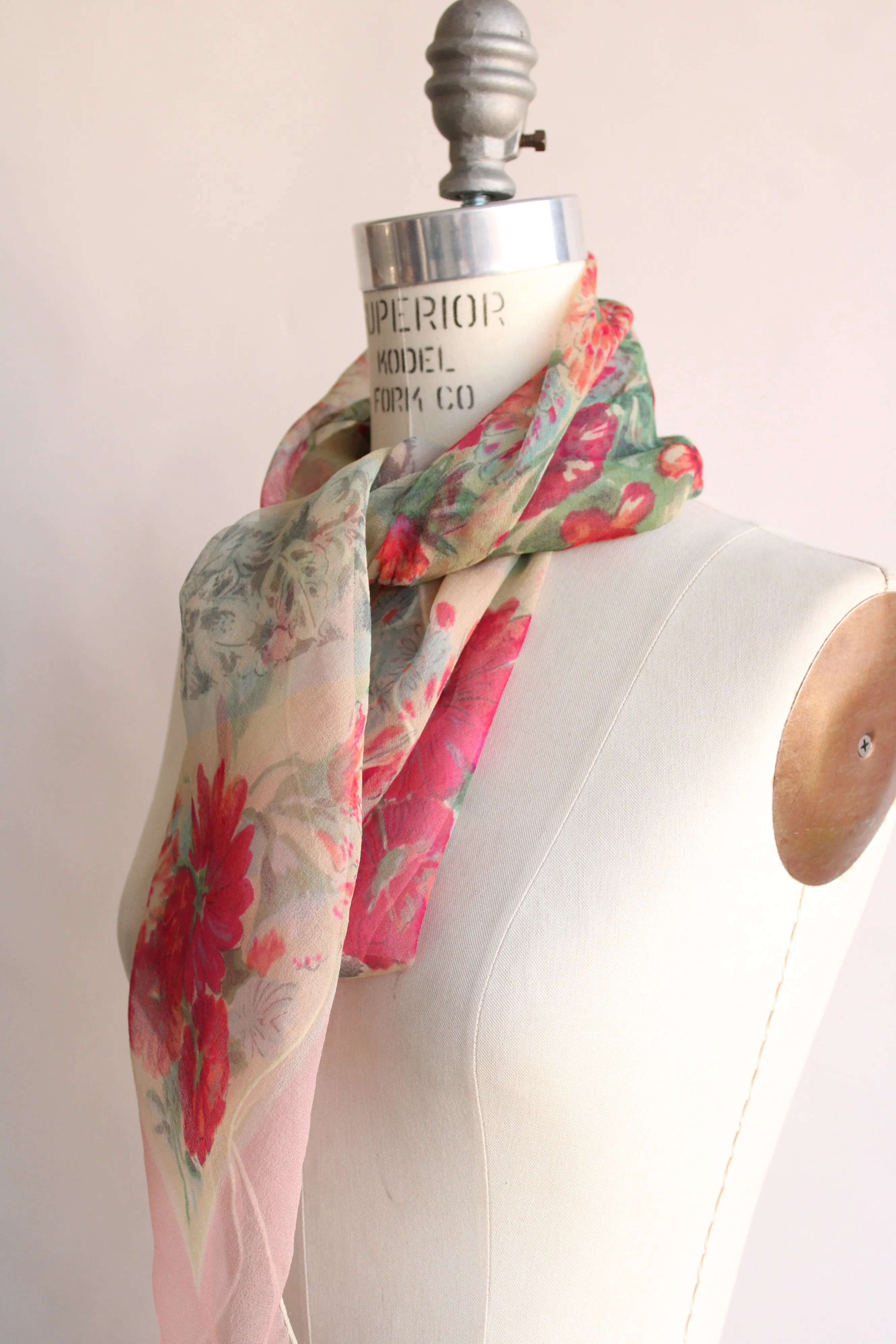 Vintage 1940s 1950s Floral Print Silk Chiffon Scarf