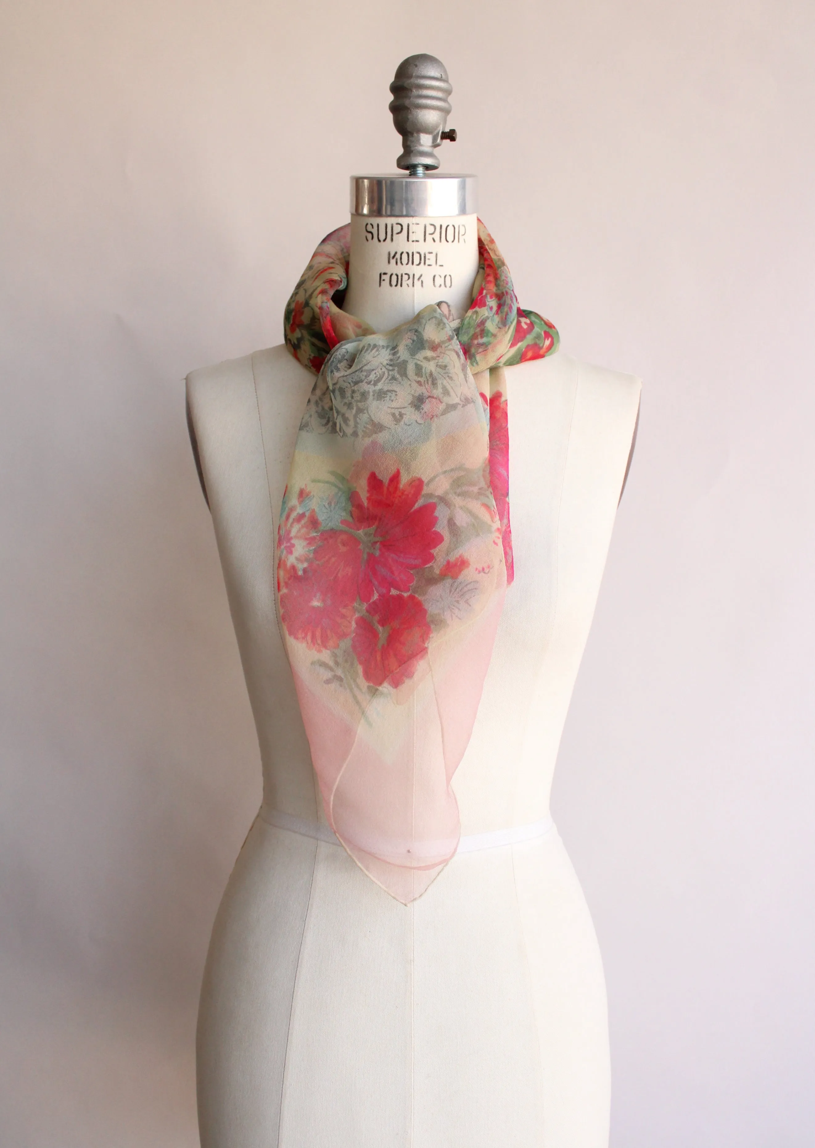 Vintage 1940s 1950s Floral Print Silk Chiffon Scarf